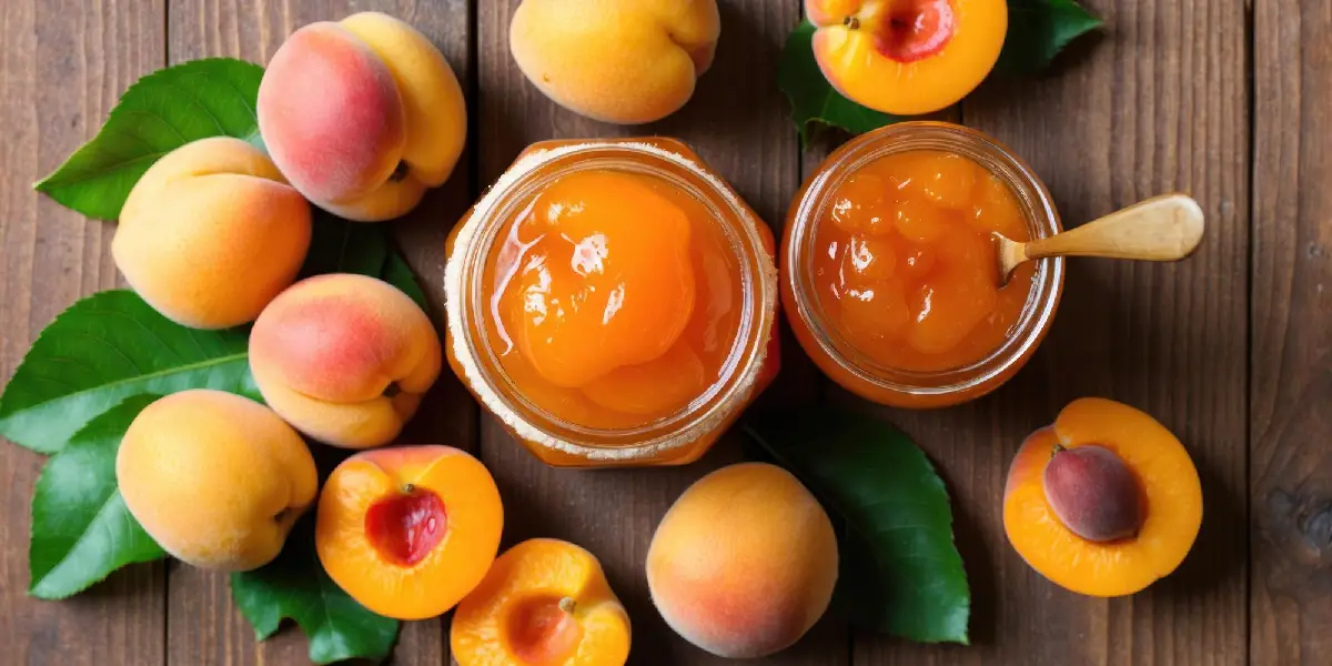 połówki nektarynek oraz słoik dżemu 